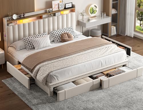 EnHomee Queen Bed Frame with 3 Storage Drawers, Upholstered Bed Frame Queen Size with 2-Tier Storage Headboard, Wooden Slats, No Box Spring Needed