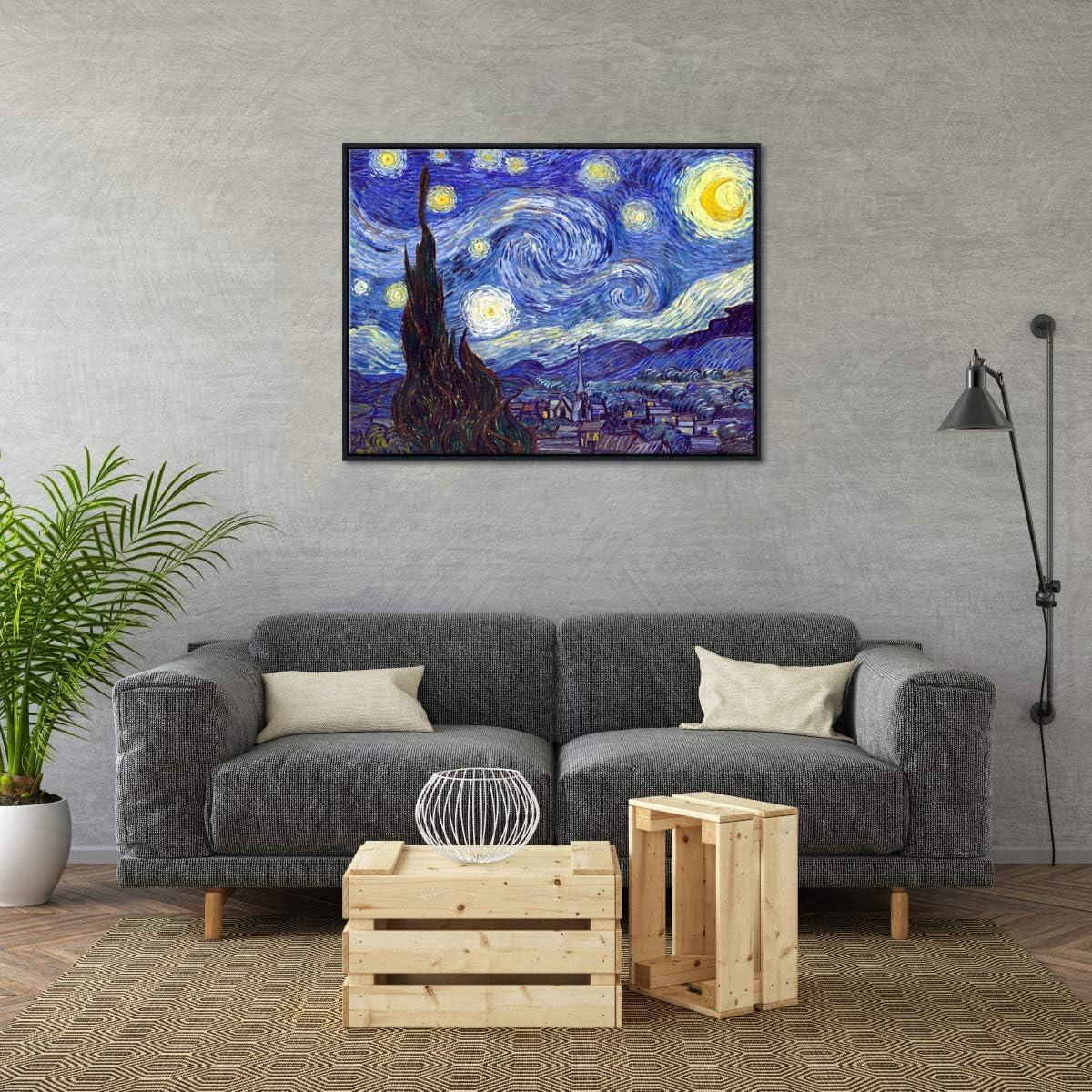 Wieco Art Framed Art Canvas Prints of Starry Night by Vincent Van Gogh Paintings Reproduction Post-Impressionism Artwork Framed Wall Art for Living