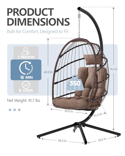 SWITTE Egg Chair Outdoor with Stand, Indoor Wicker Hanging Egg Swing Chair with Cushion, 350lbs Capacity for Patio, Bedroom, Garden - Gray