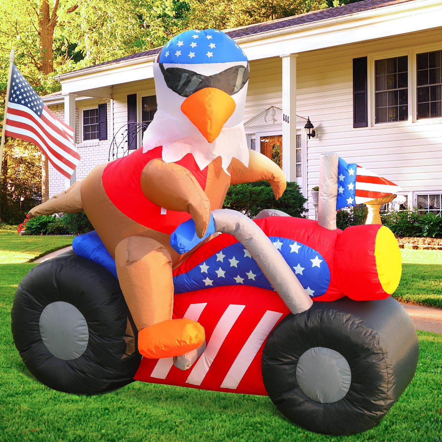 DomKom 6 FT Patriotic Independence Day 4th of July Inflatable Outdoor Decoration, Bald Eagle Sitting on Motorcycle