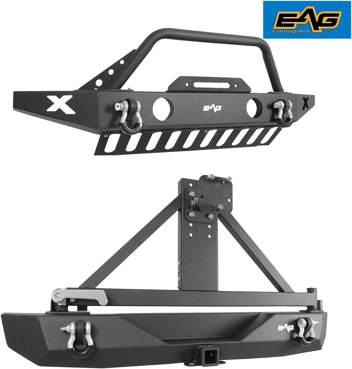 EAG Front Bumper and Rear Bumper Combo with Skid Plate & Tire Cattierfit for 07-18 Wrangler JK