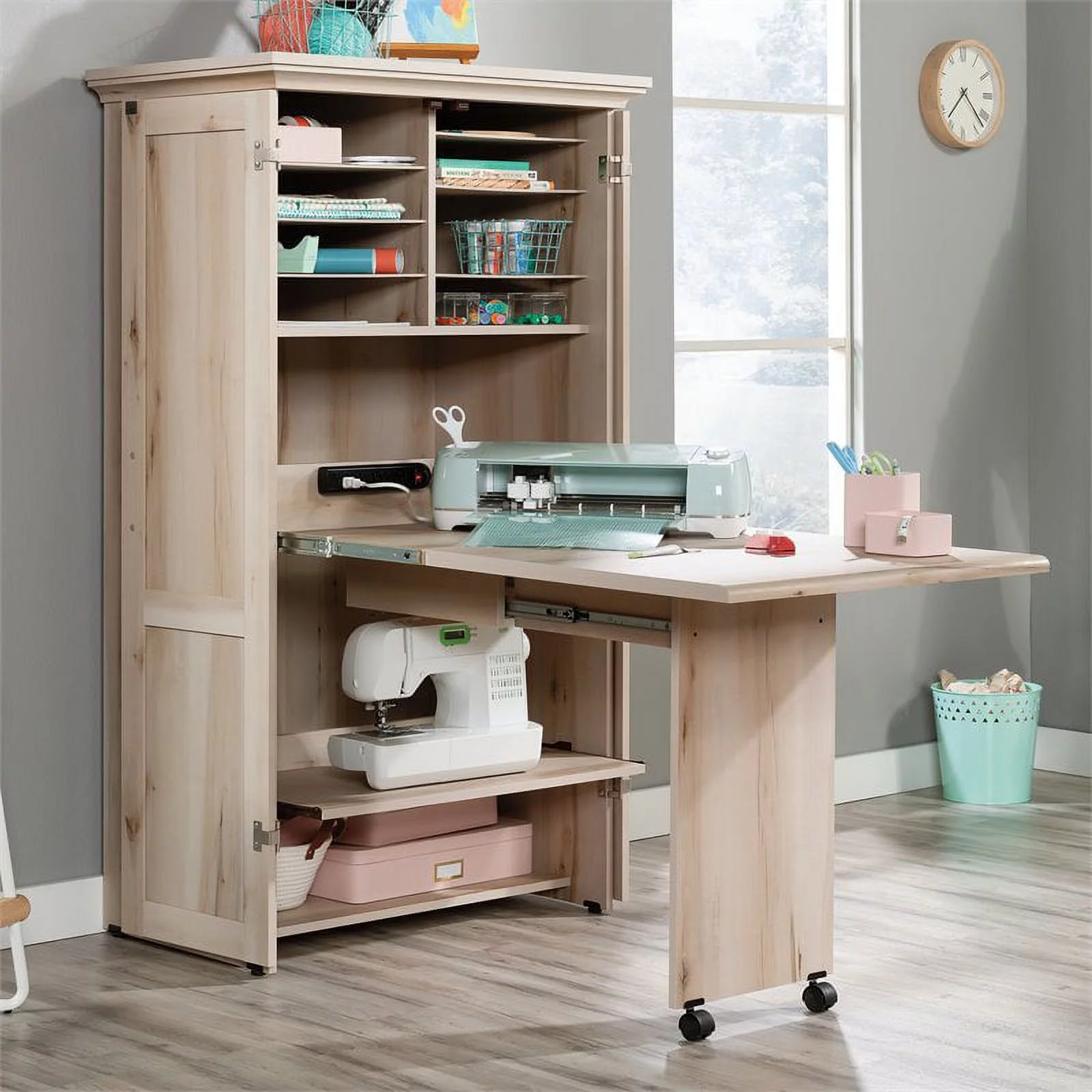Pemberly Row Engineered Wood Multi-Purpose Storage Craft Armoire in Maple