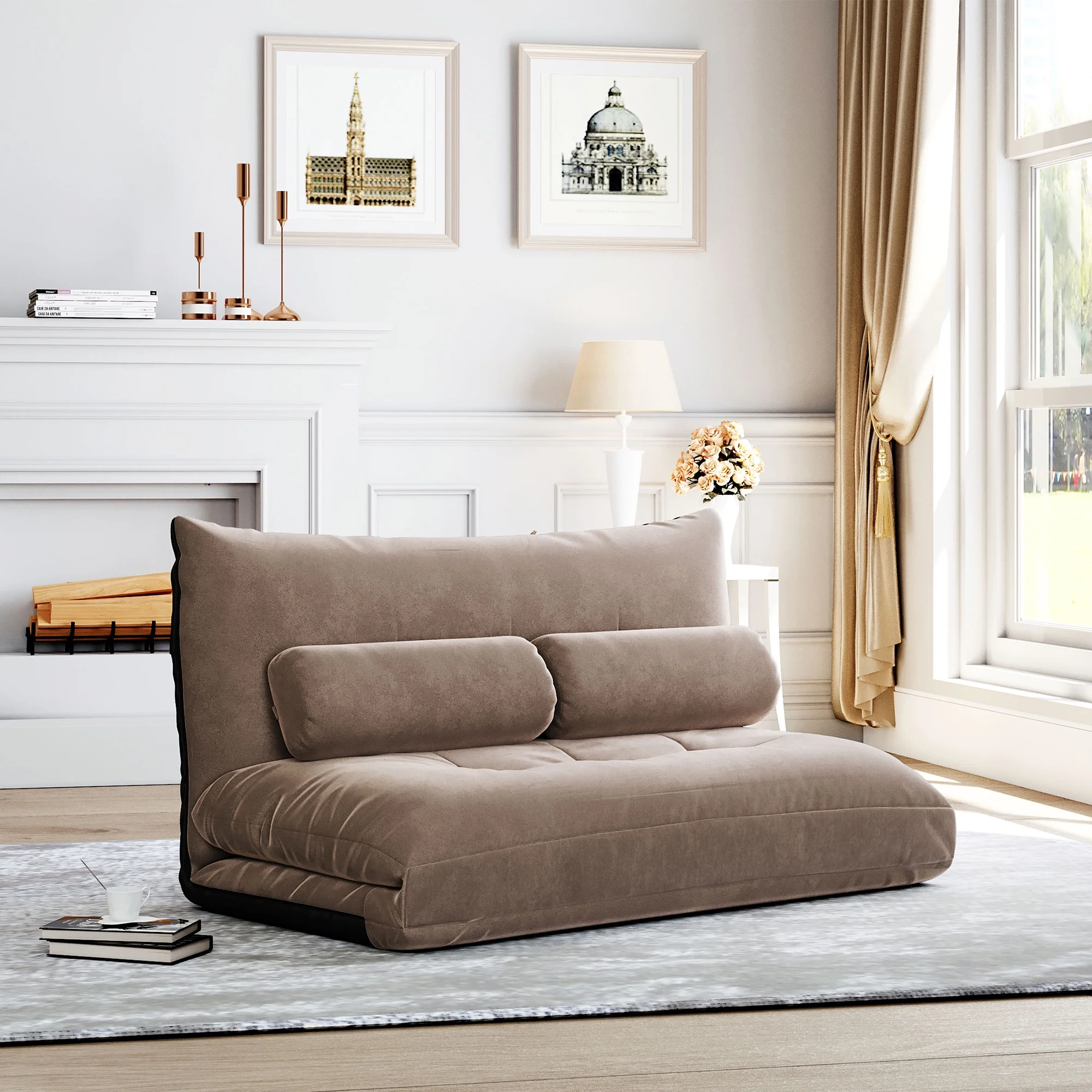 Nestfair Light Brown Sofa Bed Adjustable Folding Futon Sofa with Two Pillows