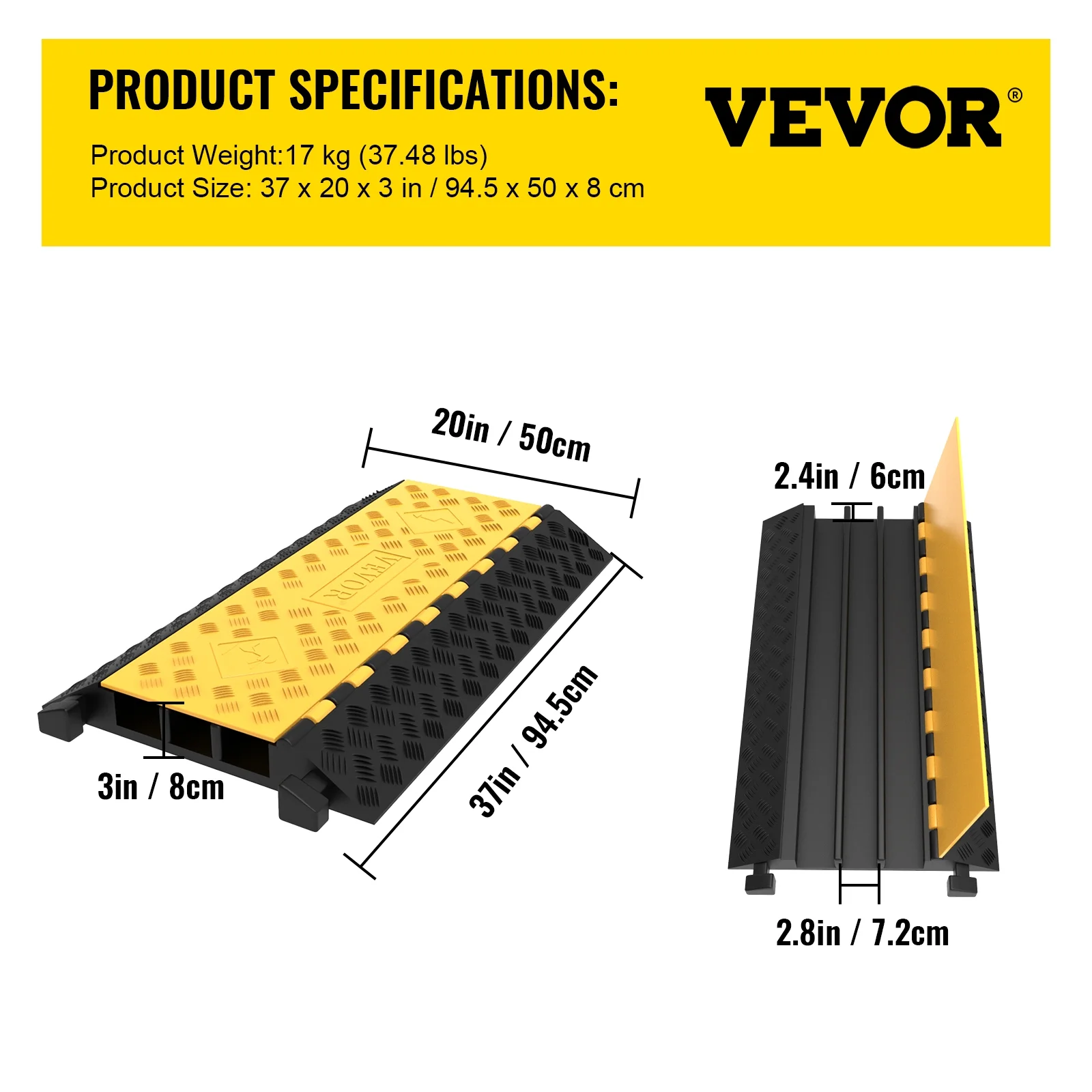 VEVORbrand 3-Channel Rubber Cable Protector Ramp 2 x 2.3 inch Channel Heavy Duty Cable Wire Cord Cover Ramp Speed Bump Driveway Hose Cable Ramp