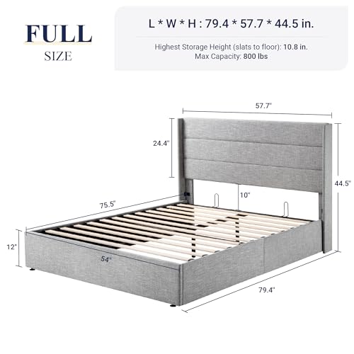 Allewie Full Size Lift Up Storage Bed, Modern Wingback Headboard, Hydraulic Support, No Box Spring Needed, Light Beige