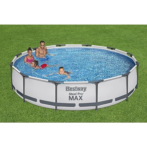 Bestway Steel Pro MAX 12 Foot by 30 Inch Round Above Ground Swimming Pool Set Outdoor Metal Frame Family Pool with Filter Pump, Gray