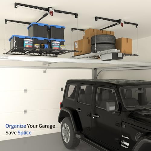 Overhead Garage Storage Rack, Heavy-duty 4x4 Ft Ceiling Storage Racks with Safety Lock