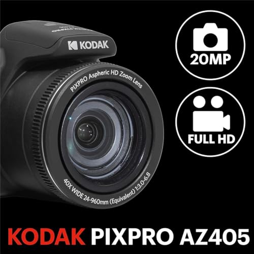 KODAK PIXPRO AZ405-BK 20MP Digital Camera 40X Optical Zoom 24mm Wide Angle Lens Optical Image Stabilization 1080P Full HD Video 3" LCD Vlogging
