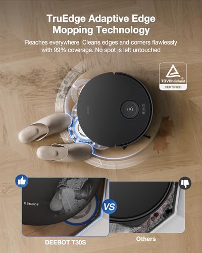 ECOVACS DEEBOT T30S Robot Vacuum and Mop, 11000Pa, ZeroTangle Technology, TruEdge Adaptive Edge Mopping, Hot Water Mop Washing, Self-Emptying