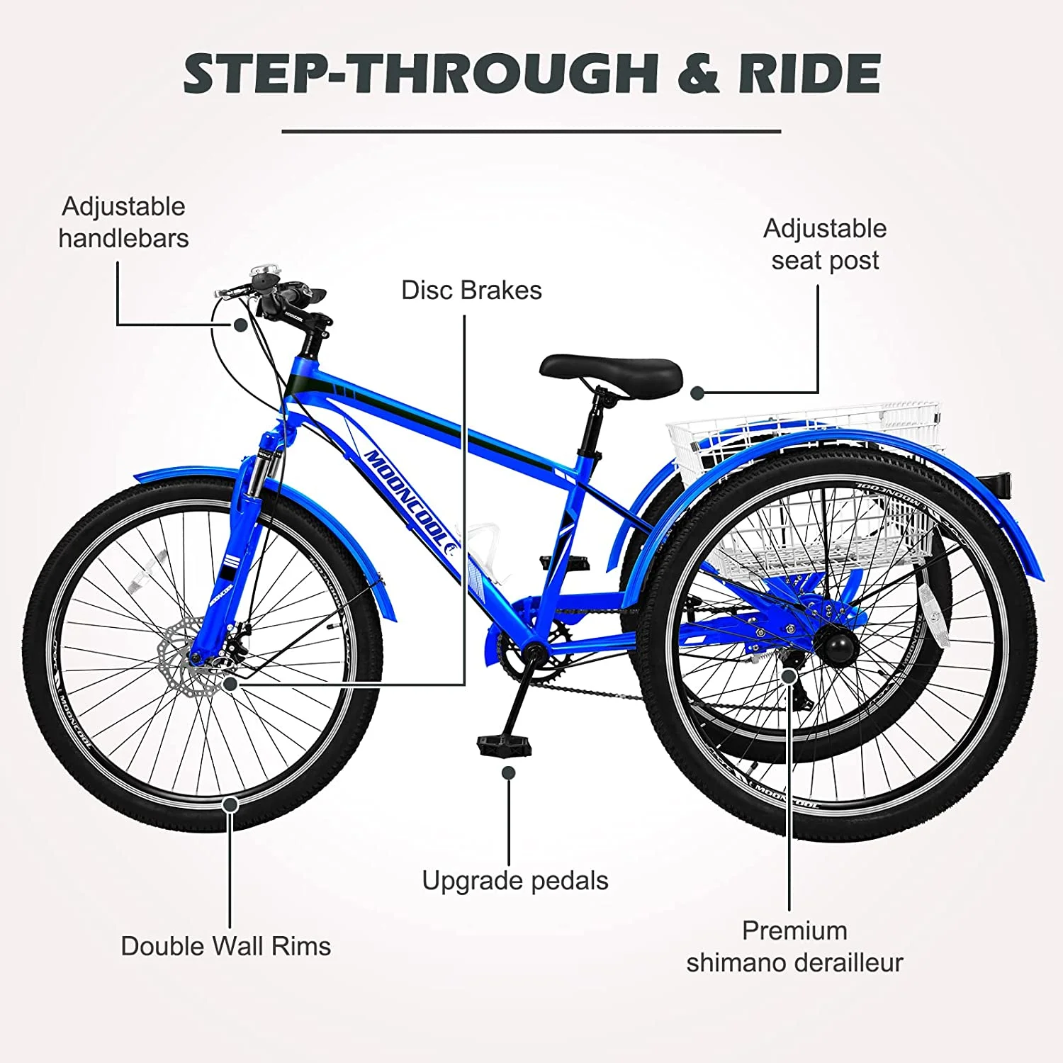 ABORON Adult Mountain Tricycle, 7 Speed Three Wheel Bike, 24/26/27.5 Inch Adults Trikes for Seniors with Shopping Basket