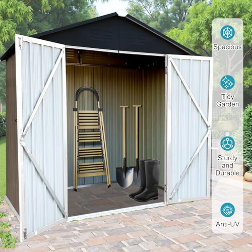 8x6 FT Outdoor Storage Shed, Metal Tool Shed with Lockable Doors, Peaked Roof & Frame Floor