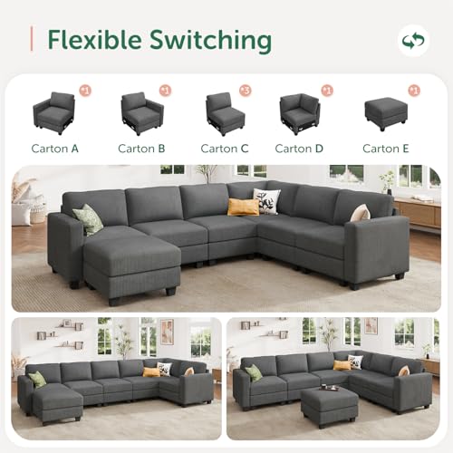 HONBAY Corduroy Modular Sectional Couch with Storage L-Shaped Sectional Couches for Living Room 6 Seater Modular Sofa, Dark Gray