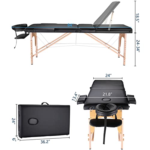 Portable Massage Table Massage Bed Professional SPA Reiki Eyelash Salon Bed, Wooden Frame Height Adjustment & Accessories, Black (3-Section)