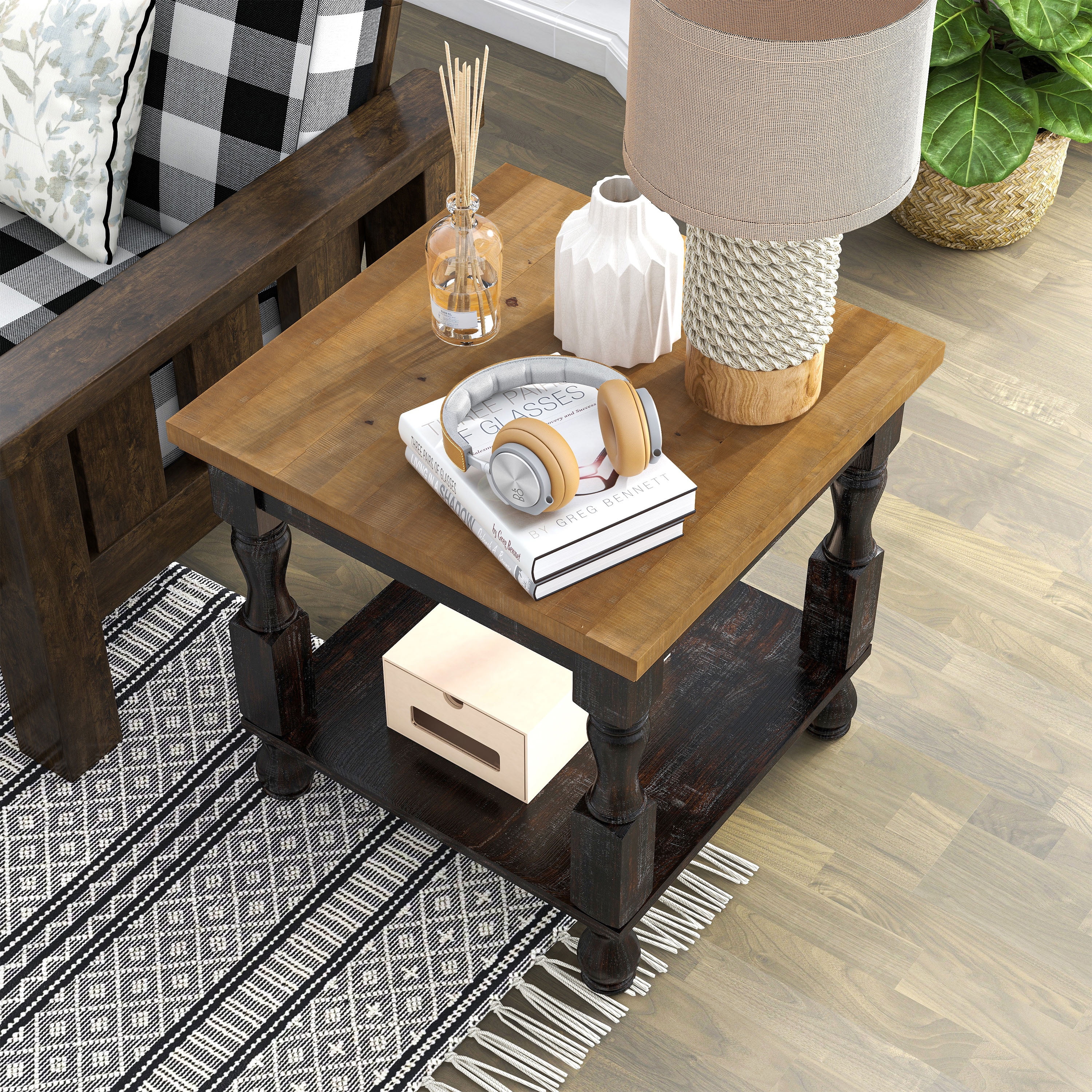 Blaise Indoor 1-Shelf Wood Antique Black, Oak End Table for Living Room by Furniture of America
