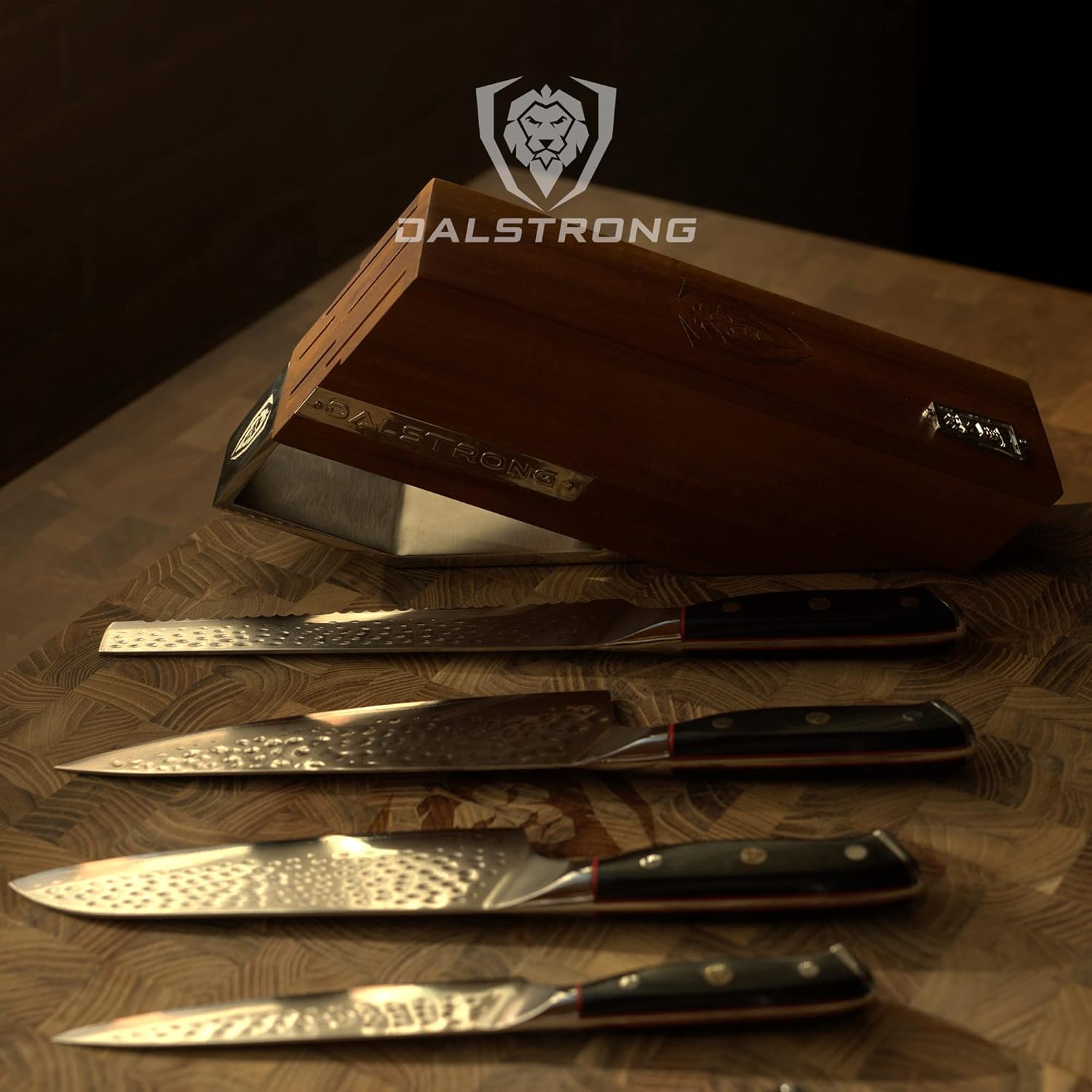 DALSTRONG Knife Block Set - 5 Piece - Shogun Series ELITE - AUS-10V High-Carbon Japanese Steel - Black G10 Handles - Acacia Wood - Damascus
