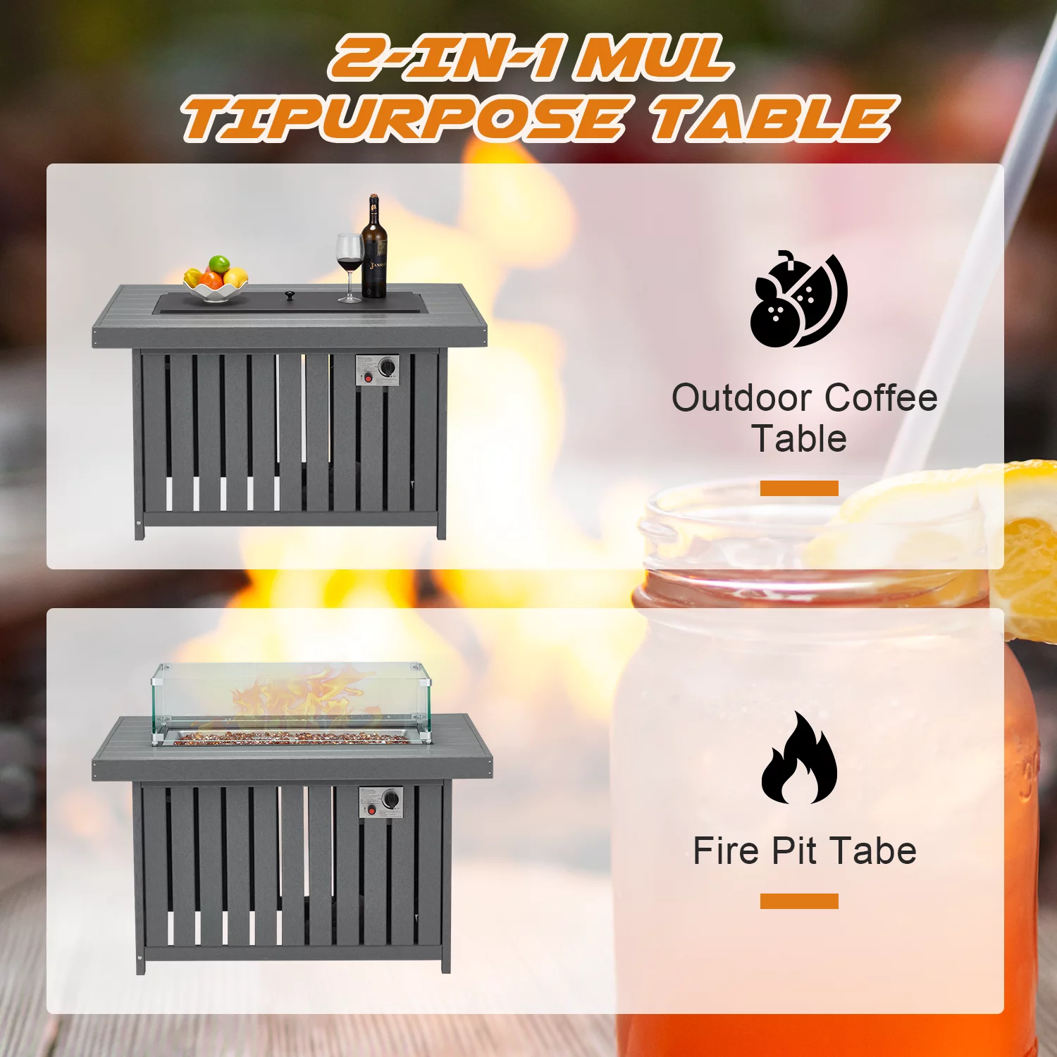 Mellcom 43in Propane Fire Pit Table, 50000 BTU HDPE Rectangle Gas Fire Pit for Outside, Paito, Backyard, Gray