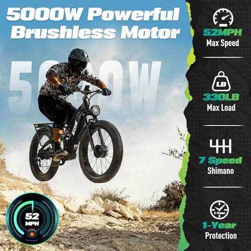 5000W Dual Motor Electric Bike for Adults 52MPH with 60V 32AH Battery, 26x4 Fat Tire All Terrain Ebikes, Full Suspension E Bike