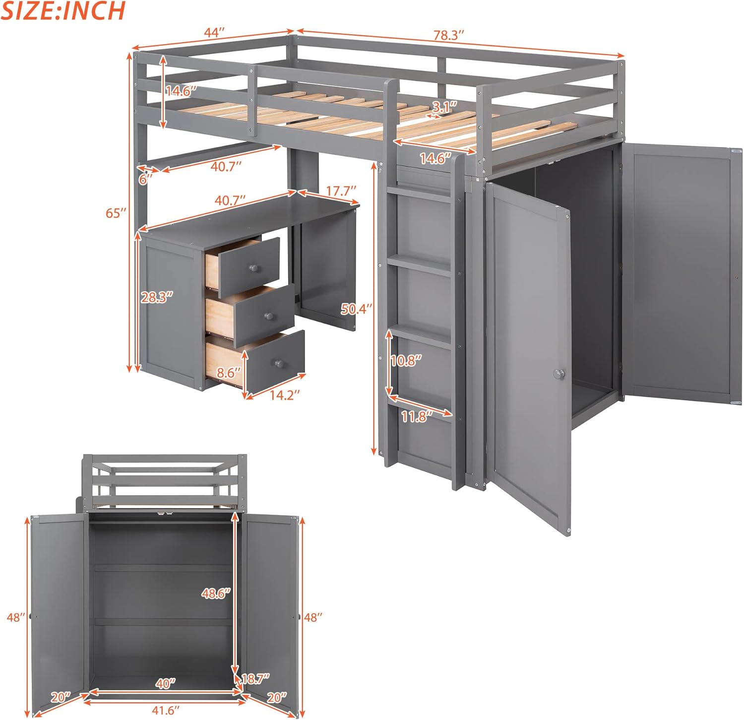 Gray Twin Loft Bed with Desk, 3 Drawers, and Wardrobe - Multi-Functional Wooden Twin Loft Bed Frame for Kids, Teens