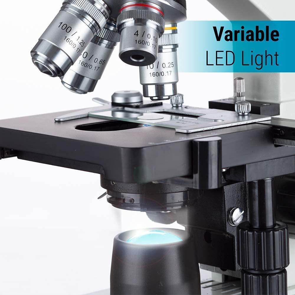 OMAX 40X-2000X LED Binocular Compound Lab Microscope w/ Double Layer Mechanical Stage + Blank Slides, Cover Slips, & Lens Cleaning Paper