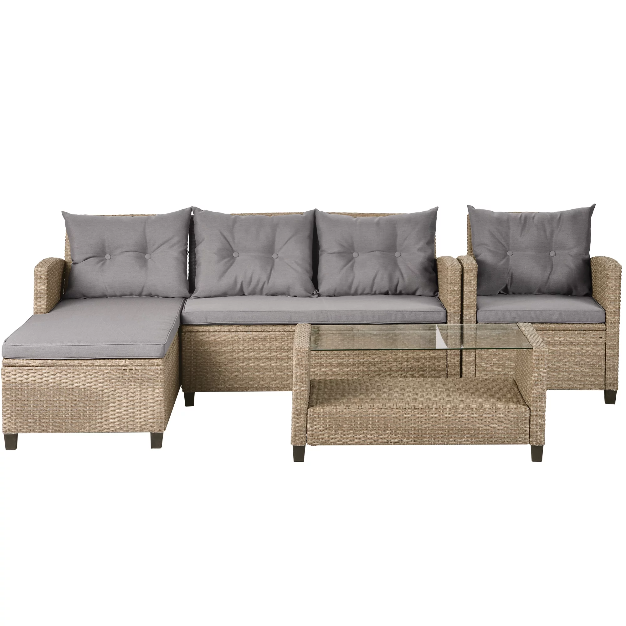 4 Piece Patio Sectional Sofa Set, Outdoor Conversation Set, All-Weather Wicker Sectional Seating Group with Cushions & Coffee Table