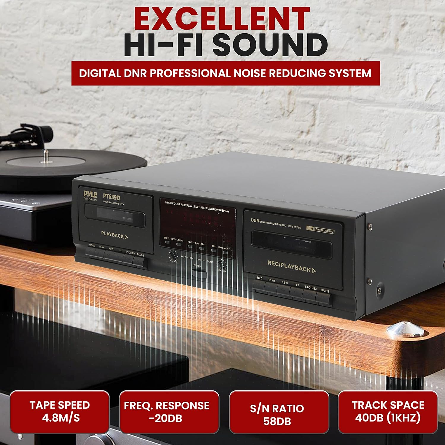 Pyle Dual Cassette Deck Stereo - Compact & Portable Hi-Fi Tape Recorder Player with Digital Professional Noise Reducing System, Automatic Recording