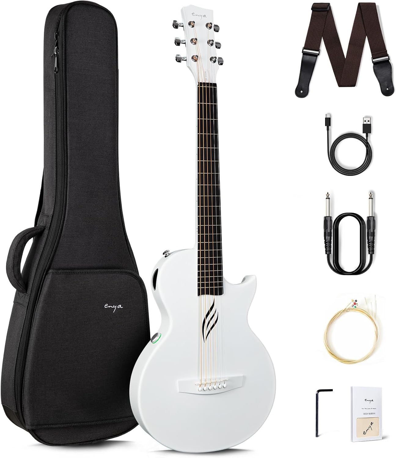 Enya NOVA Go SP1 Carbon Fiber Acoustic Electric Guitar with Smart AcousticPlus 35 Inch Travel Acustica Guitarra Starter Bundle Kit(White) & Enya