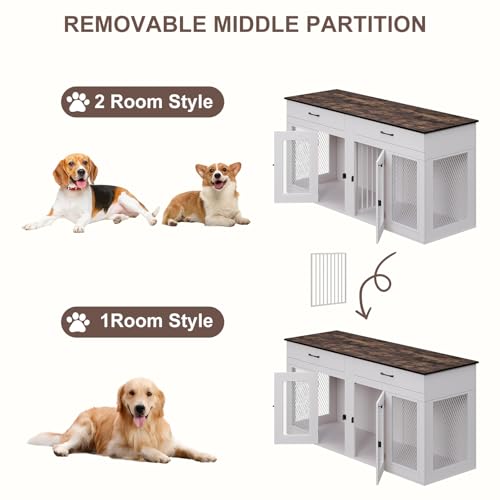 71 Inch Dog Crate Furniture for 2 Dogs, XXL Double Cage with Removable Divider & Large Doors, Heavy Duty Wooden Dog Kennel, Indoor Pet House (Black