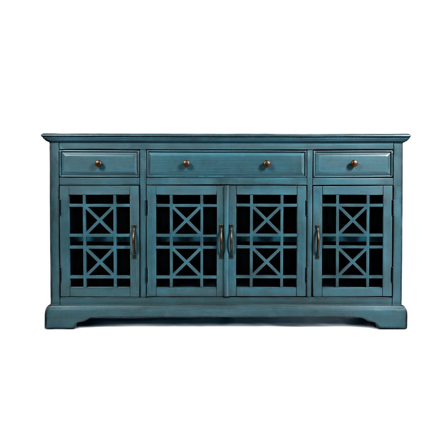 Benzara Koi 60 Inch Acacia Wood TV Media Entertainment Center Console, 4 Glass Doors, Crossed Wood Design, Antique Blue