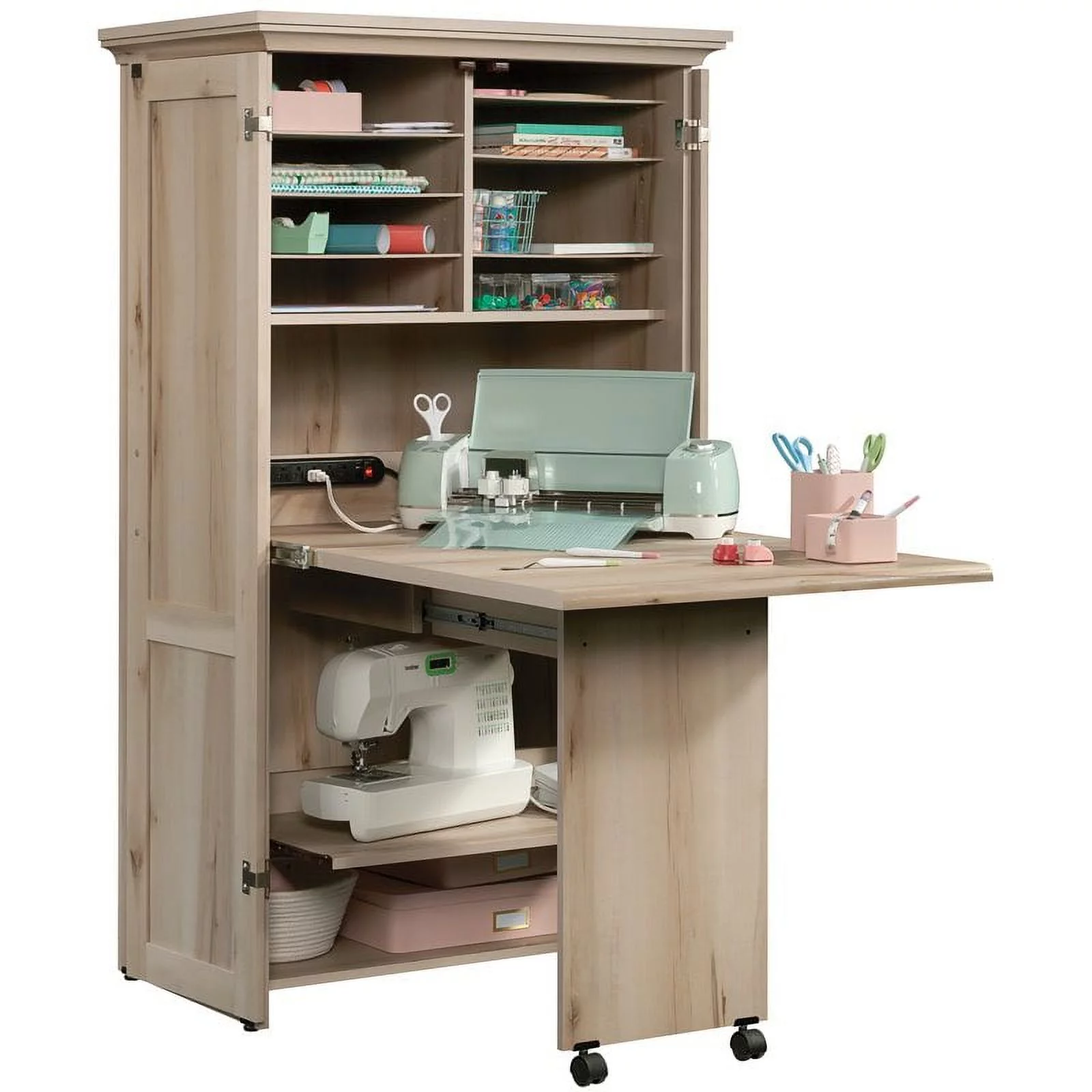 Pemberly Row Engineered Wood Multi-Purpose Storage Craft Armoire in Maple