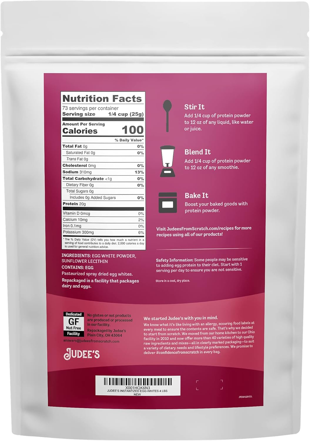 Judee’s Unflavored Egg White Protein Powder for Fast Blending 4 lb - 100% Non-GMO, Keto-Friendly, Pasteurized - Dairy-Free, Soy-Free, Paleo-Friendly