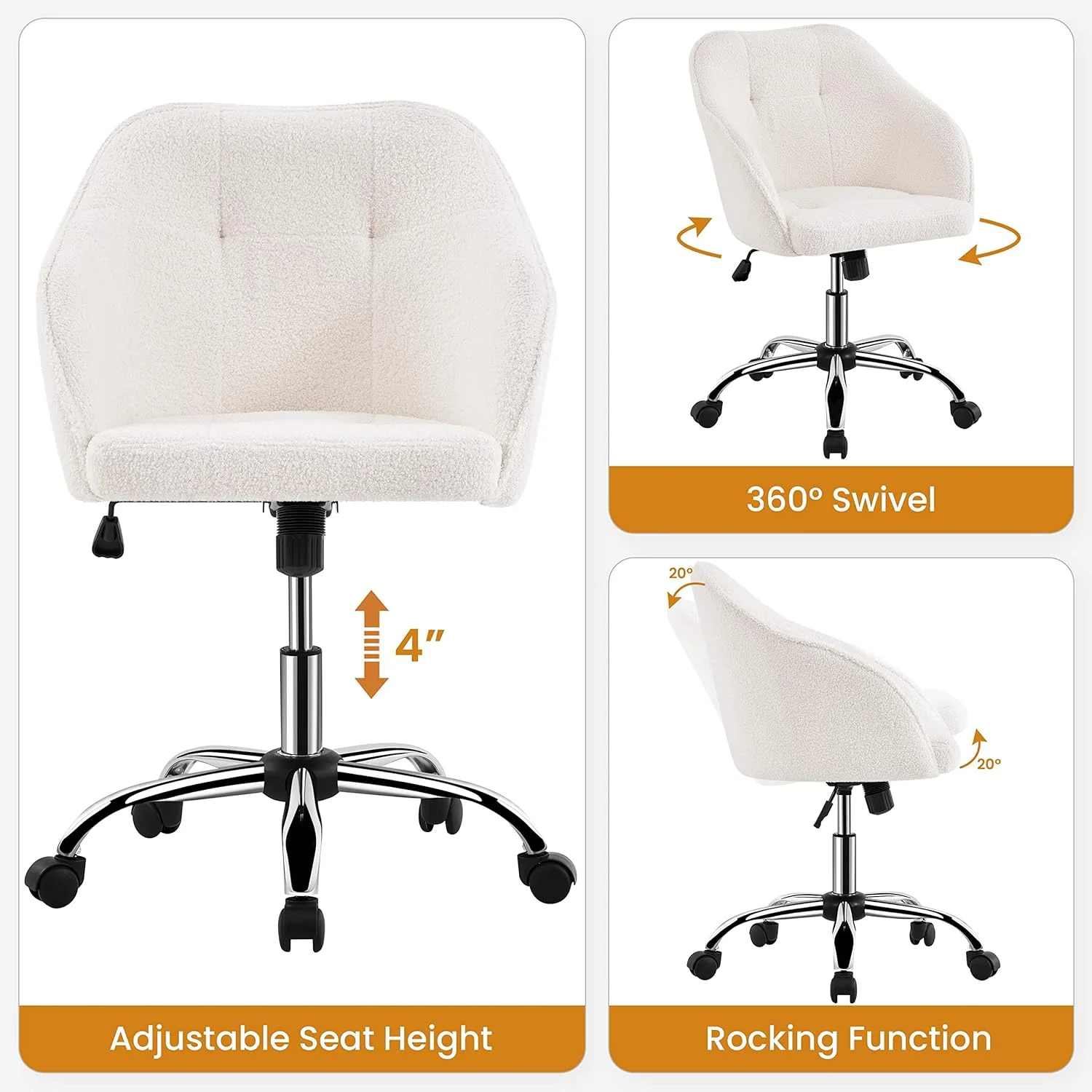 Modern Boucle Desk Chair, Makeup Vanity Chair with Adjustable Tilt Angle