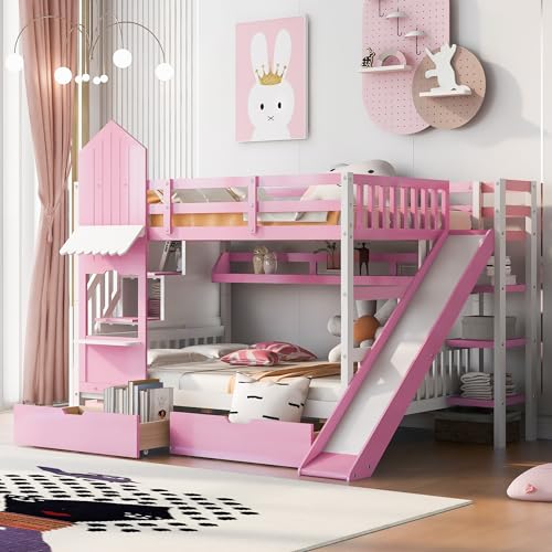 Kids Bunk Bed with Stairs and Slide, Wood Twin Over Twin Bunk Bed with Storage Drawers and Shelves, Castle Style Bunk Beds for Kids Teens Girls Boys
