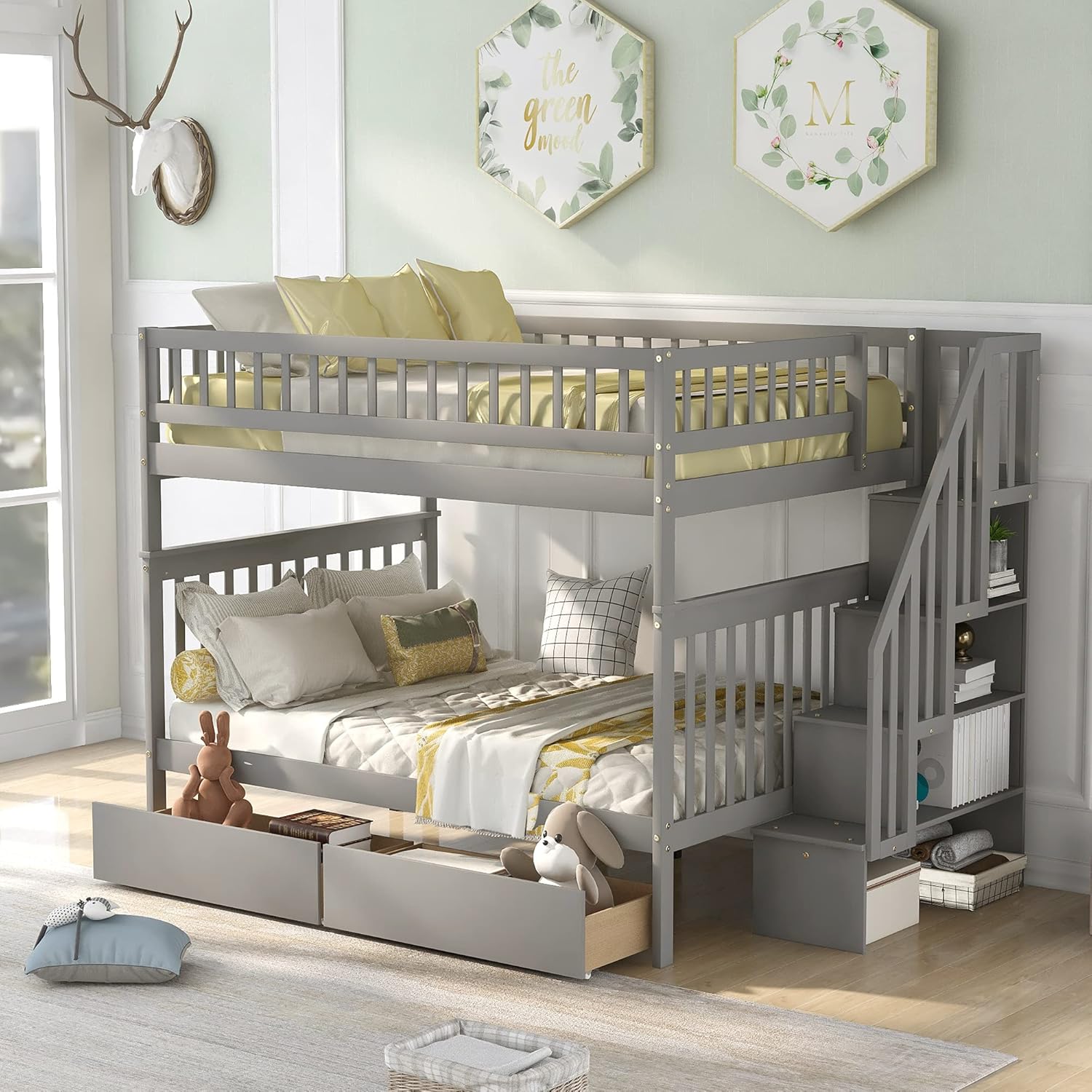 Harper & Bright Designs Twin Over Full Bunk Bed with Slide, Bunk Bed Frame, Solid Wood Bunk Bed with Drawers & Storage Staircases