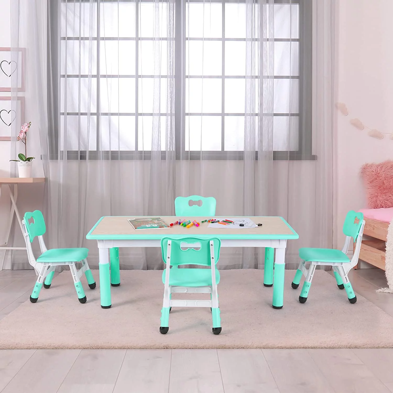 Arlopu Adjustable Kids Table and Chairs Set, 5 Pieces Toddler Play Arts & Crafts Desk Activity Table with 4 Chairs