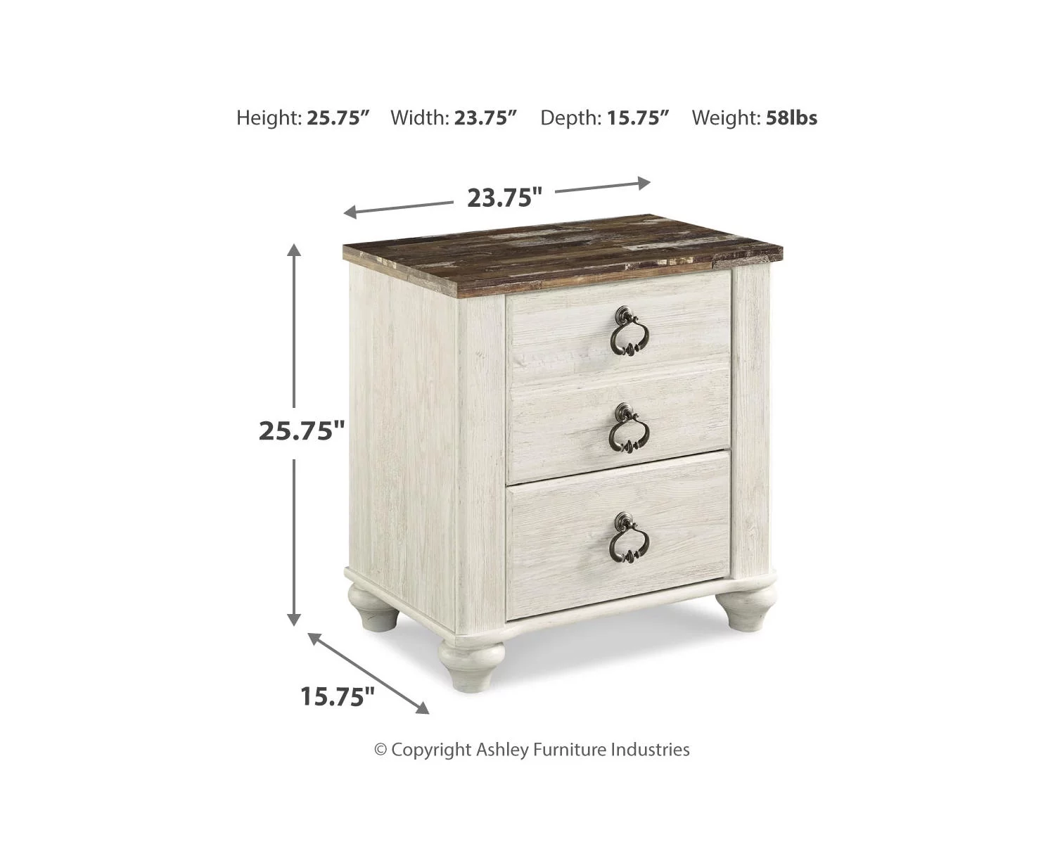 Signature Design by Ashley Willowton Farmhouse 2 Drawer Nightstand with USB Charging Ports, Whitewash