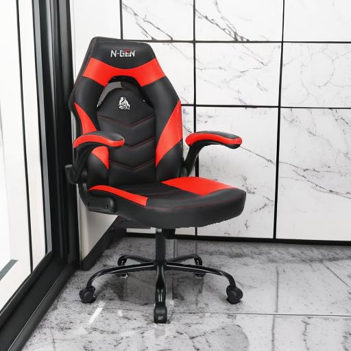 N-GEN Video Gaming Computer Chair Ergonomic Office Chair Desk Chair with Lumbar Support Flip Up Arms Adjustable Height Swivel PU Leather Executive