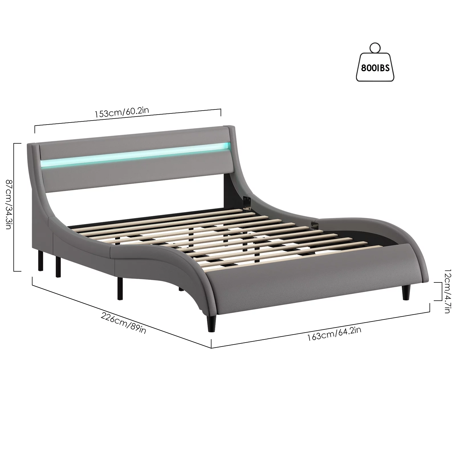 Homfa Queen Size Led Bed Frame, 16-Color Led Lights Platform Bed with Adjustable Upholstered Headboard, Gray