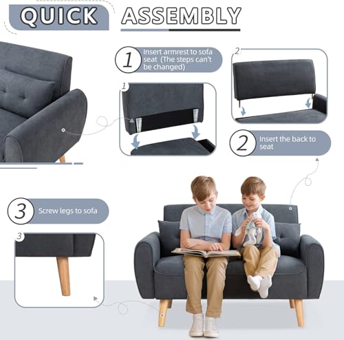 Shintenchi 47" Modern Linen Loveseat Sofa with 2 Pillows - Dark Grey | Compact, Stylish & Comfortable for Apartments, Studios & Small Spaces