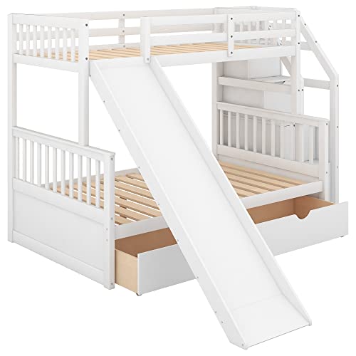 Harper & Bright Designs Bunk Beds Twin Over Full Size, Bunk Bed with Trundle,Storage Shelf and Stairway