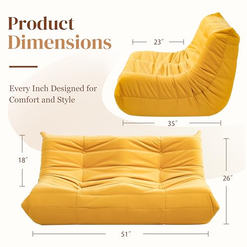 Bean Bag Chair for Adults - Suede & Microfiber Fireside Floor Chair, Comfortable Corner Lounge Sofa for Living Room, Bedroom, Office (3-Seater, Beige)