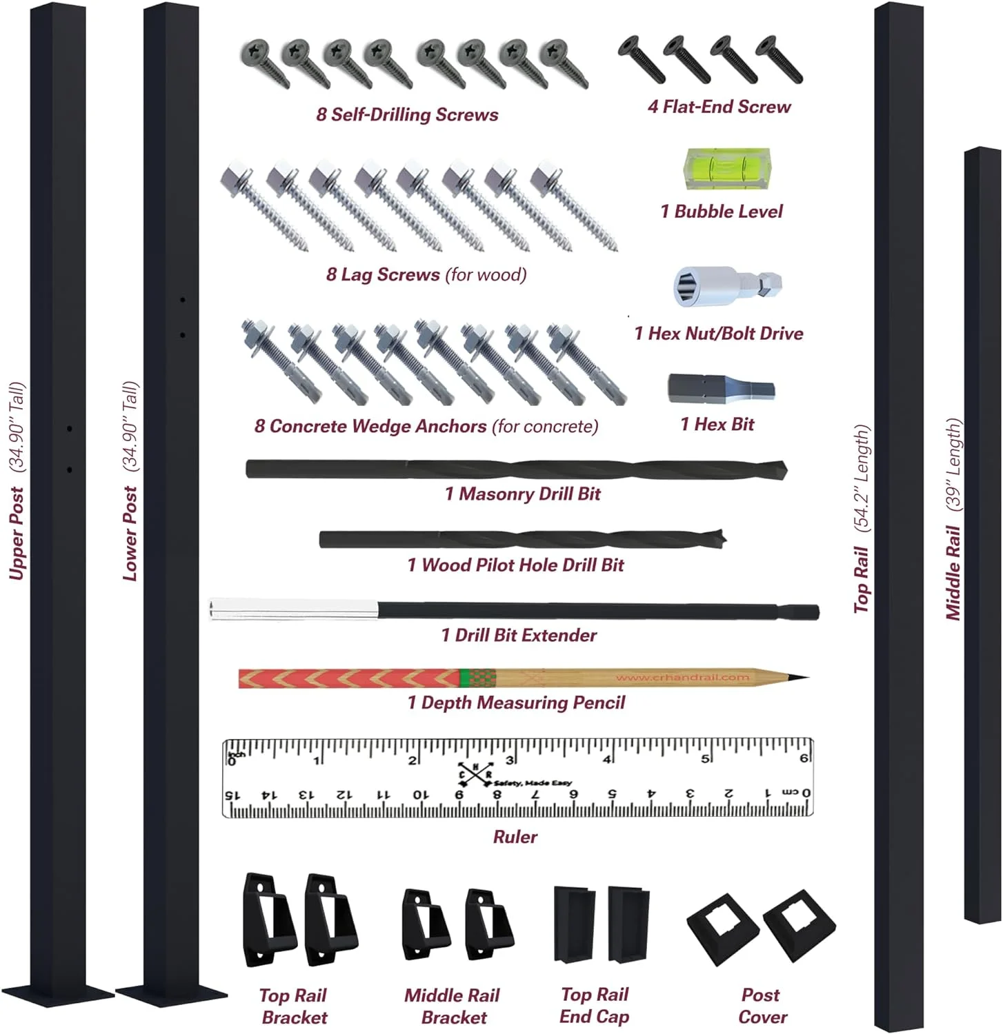 CHR 4 Steps Outdoor Handrails for Outdoor Steps, Black Wrought Iron Hand Rail Stair Railing Kit (3-4 Steps Handrail) - Curated Treasures Market