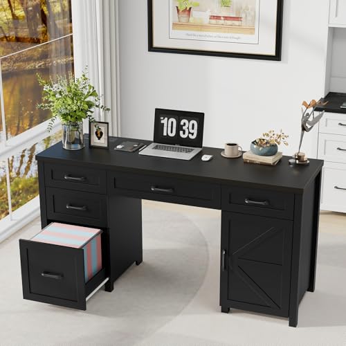 Farmhouse 61'' Executive Desk with 5 Drawers, Rustic Office Desk Computer Desk with Charging Station, File Drawers and Storage Cabinet