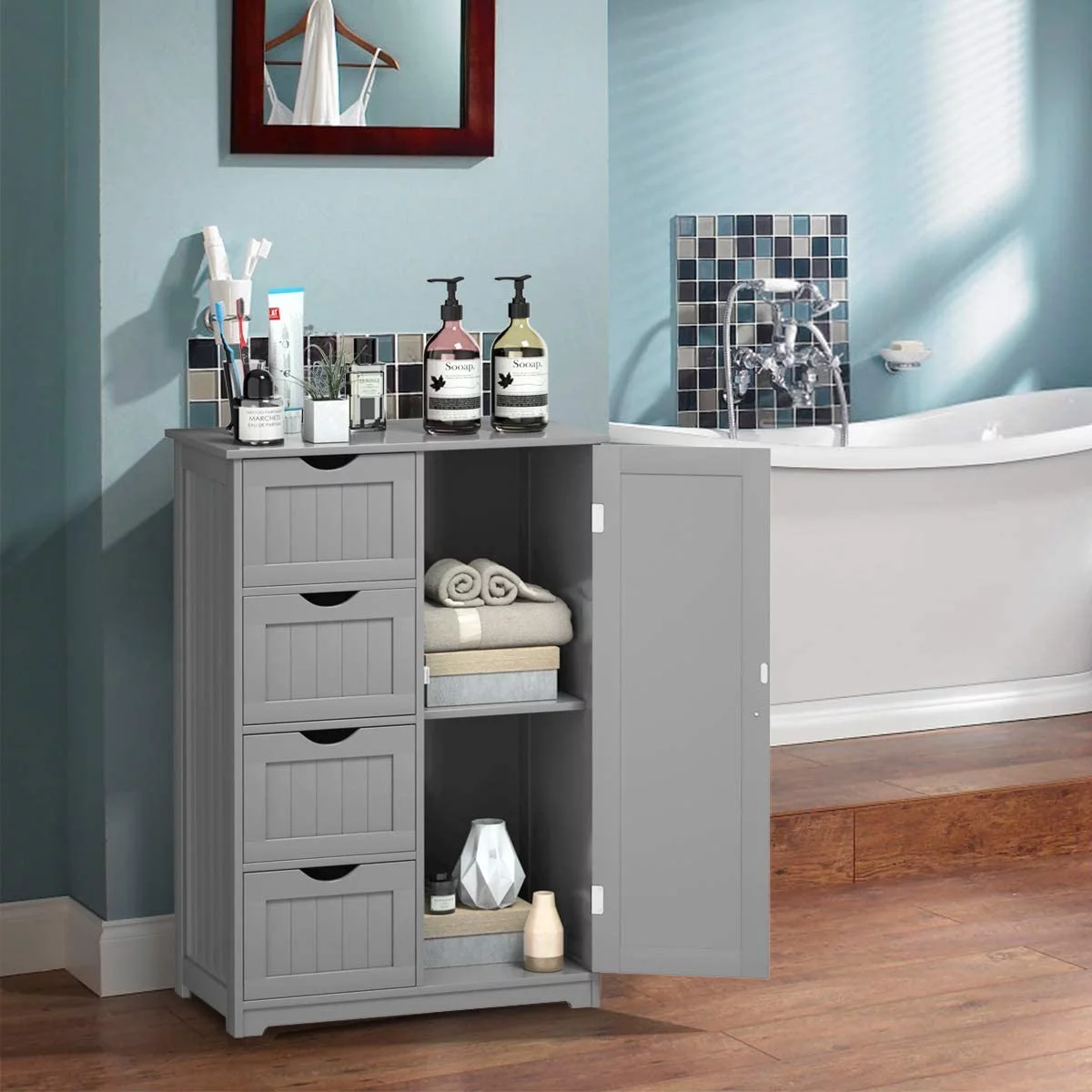 Bathroom Storage Cabinet Freestanding, Floor Cabinet with 4 Drawers & 1 Cupboard, 3-Level Adjustable Shelf & Anti-Toppling Device