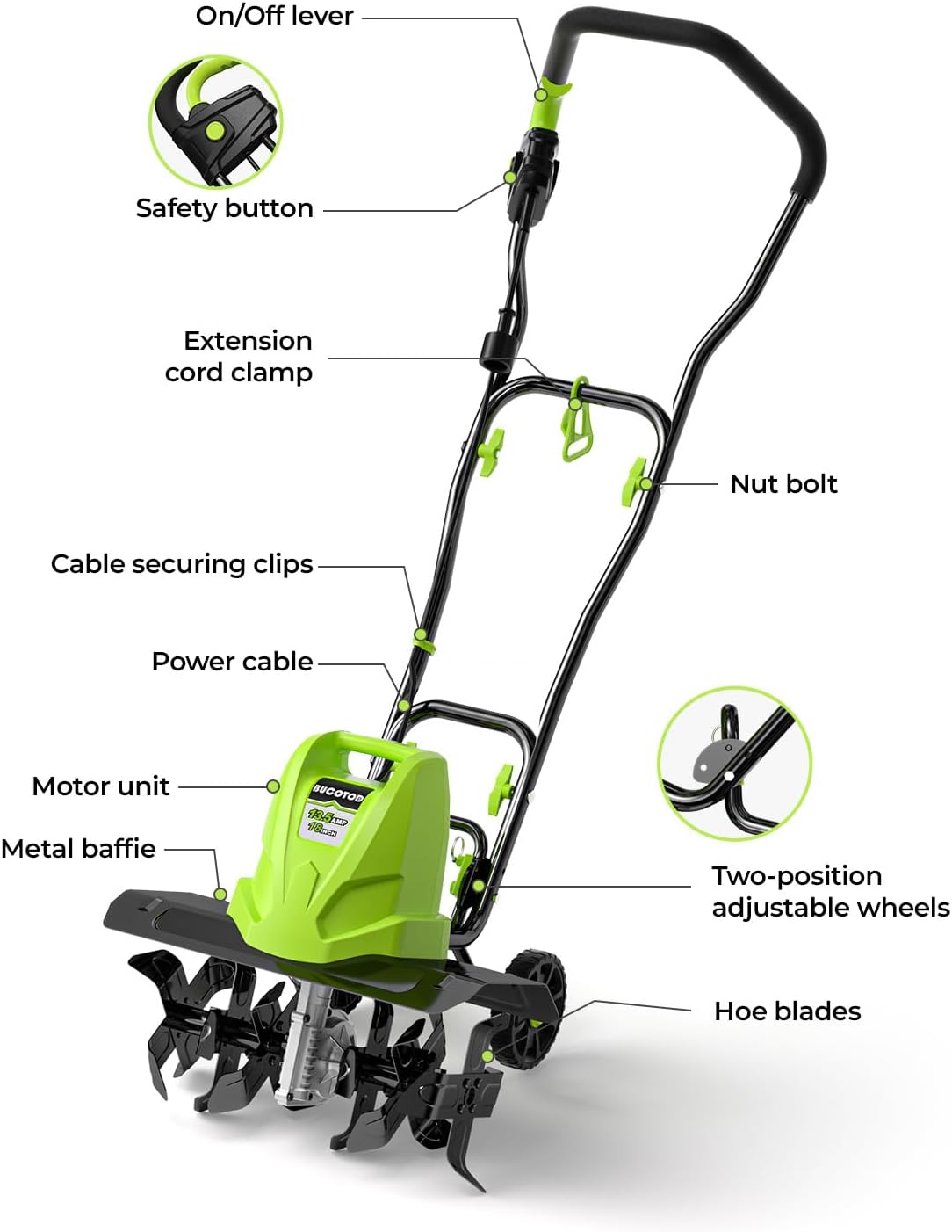 18-Inch 13.5 Amp Tiller/Cultivator with 6 Steel Tines, 3-Adjustable Wheels, Foldable Handle, 8'' Tilling Depth Electric Corded Tillers