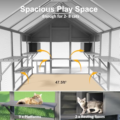 Cat Catio, Large Catio Outdoor Cat Enclosure for Multiple Cats with 7 Platforms, 2 Resting Box and 2 Bridges