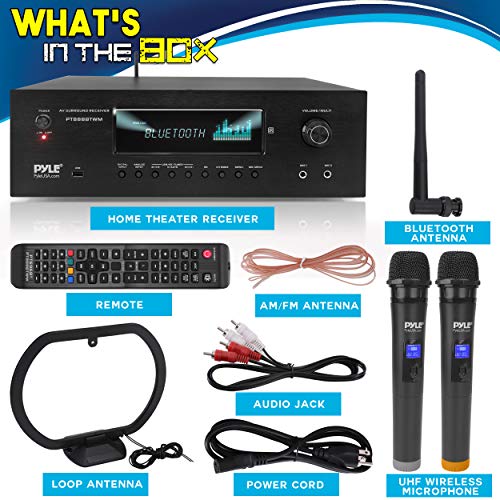 Pyle 1000W 5.2 Channel Home Theater Receiver - Bluetooth 5.0 - Amp w/ 2 UHF Wireless Mics - 4K UHD/3D/Blu-ray Pass-Through