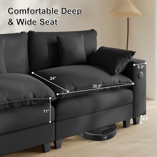 Modular Sectional Sofa, Cloud Couch with Ottoman, Charging Station, Throw Pillows, Cup Holders, Modern Convertible U Shaped Couches for Living Room