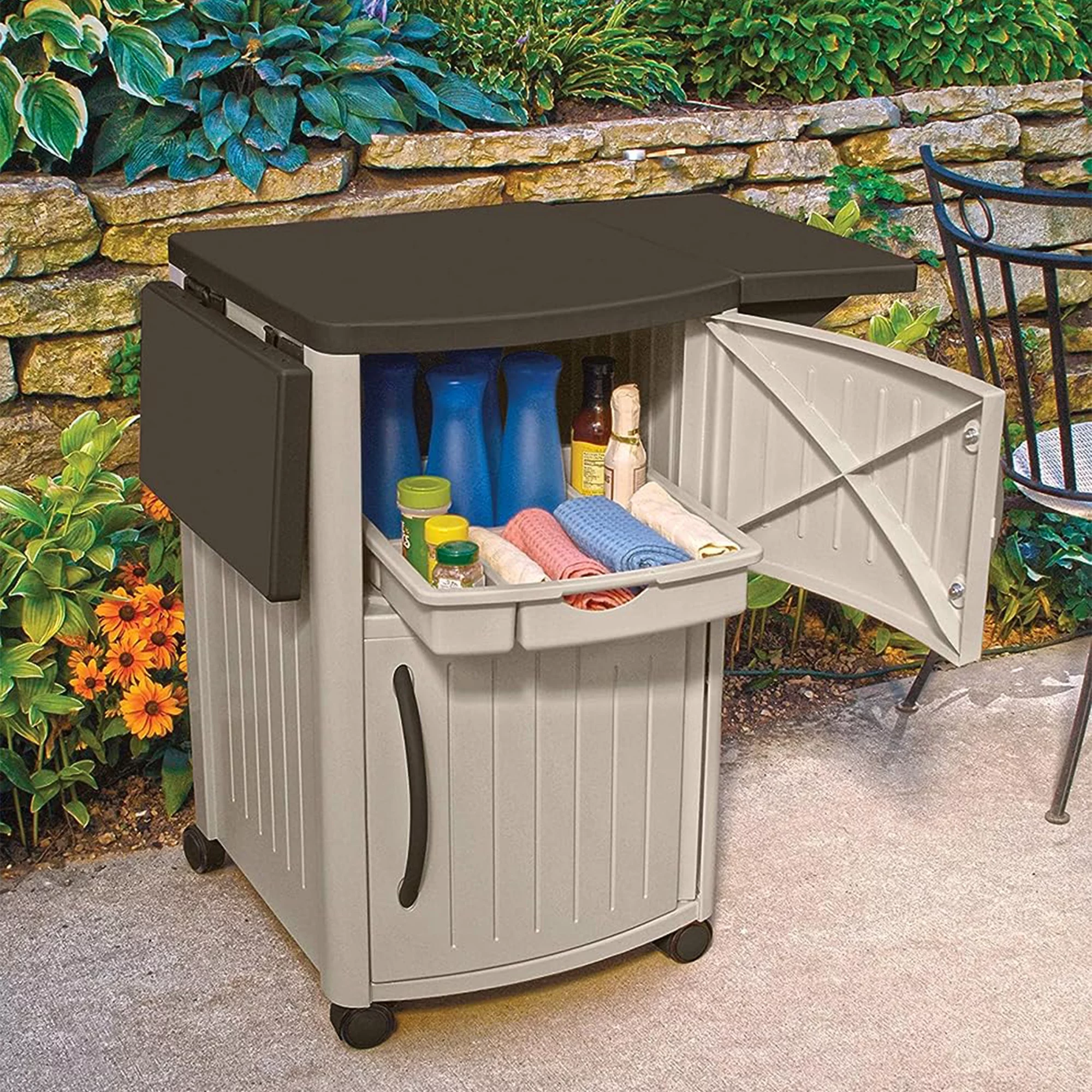 Suncast DCP2000 Portable Outdoor Prep Serving Grill Station Table and Cabinet