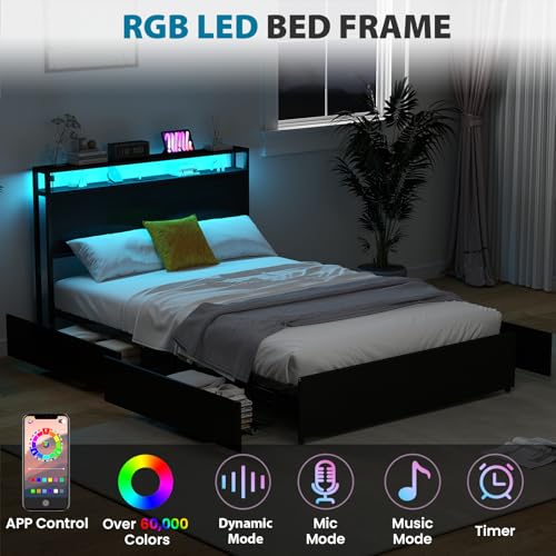 Full Size Bed Frame with Headboard, LED Platform Bed with 4 Storage Drawers, Built in Charging Station, Noise-Free, Metal Support Base