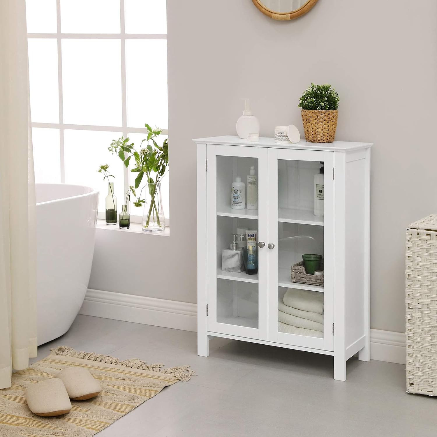 VASAGLE Storage Cabinet, Sideboard, Display Cupboard with 2 Adjustable Shelves, Transparent Glass Doors, Handles, Scandinavian Nordic